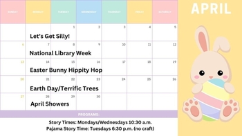 Story time calendar for April. Week 1 is 